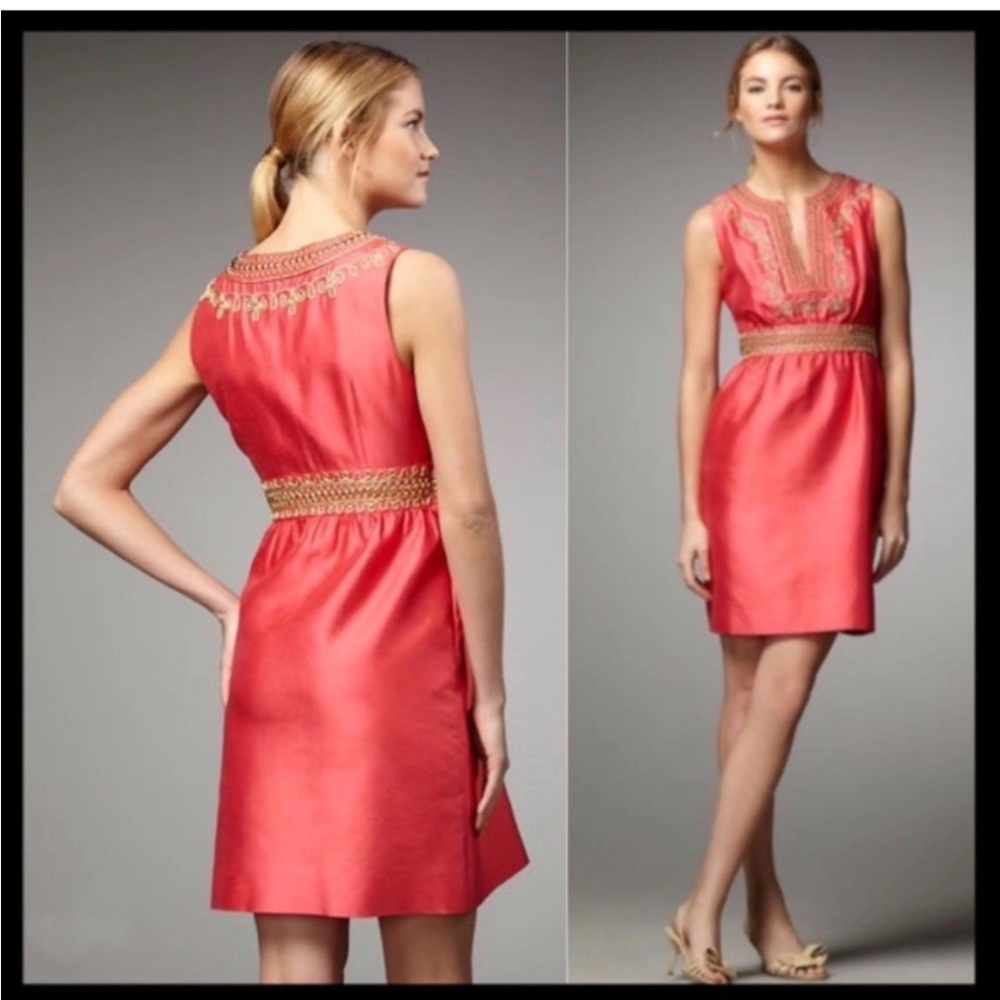 Kate Spade coral silk Anette gold embellished shift dress size 12